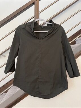 COS Olive Cotton V-Neck Three-Quarter Sleeve Blouse